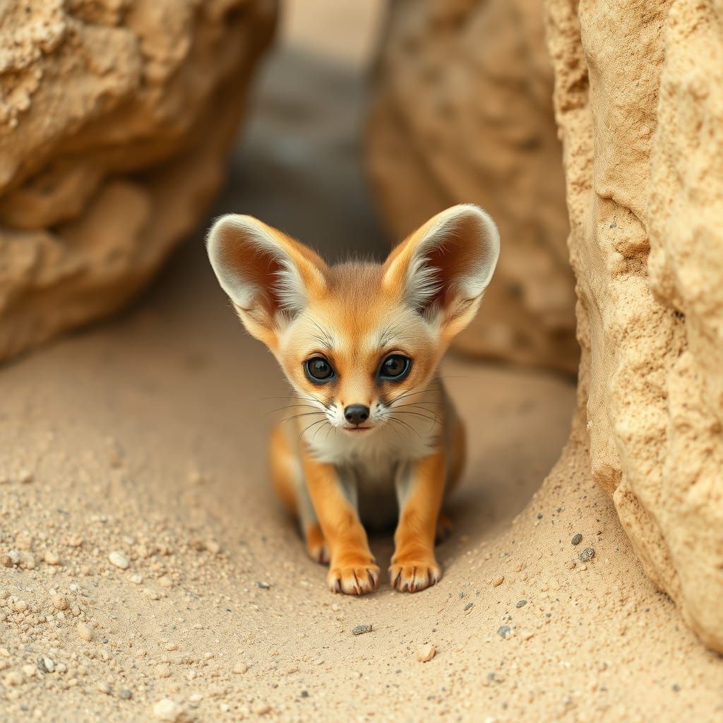 Surreal Sahara Sunset Scene with a Cute Baby Fennec Fox