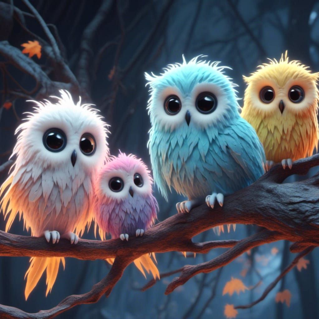Cute Colorful Ghost Owls on Branch