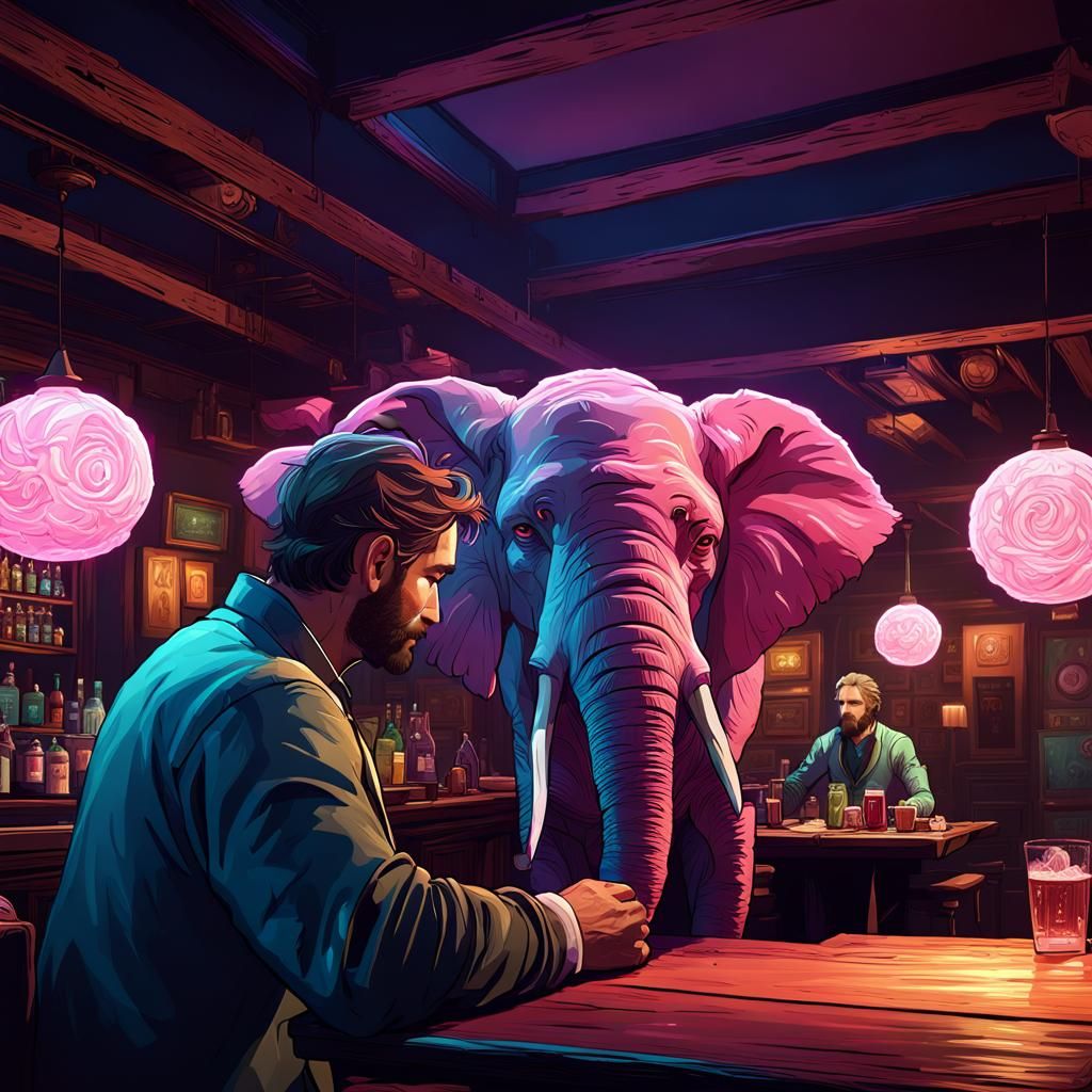 Man and Pink Elephant in Dark Tavern