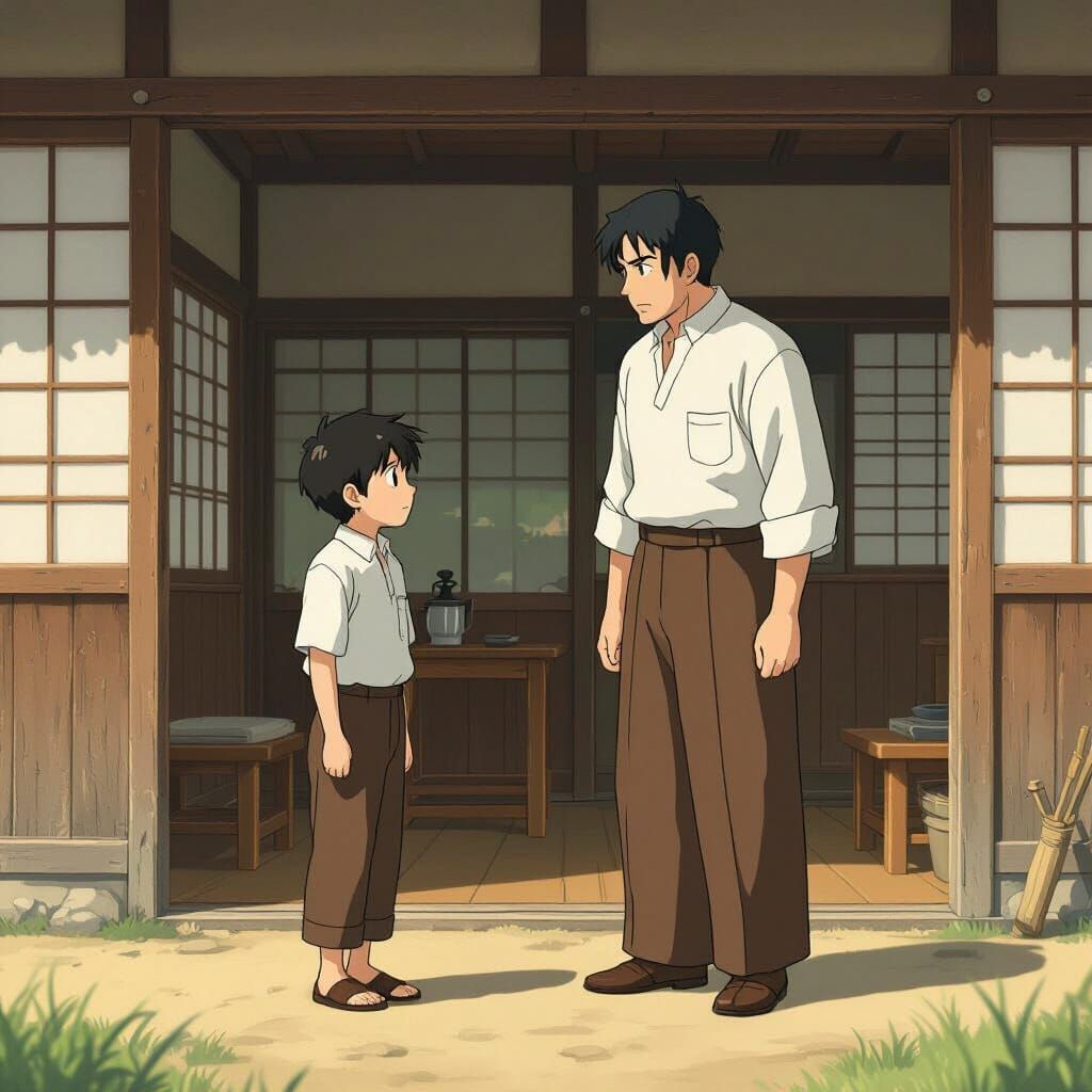 Anime Father Scolding Son in Rural Home