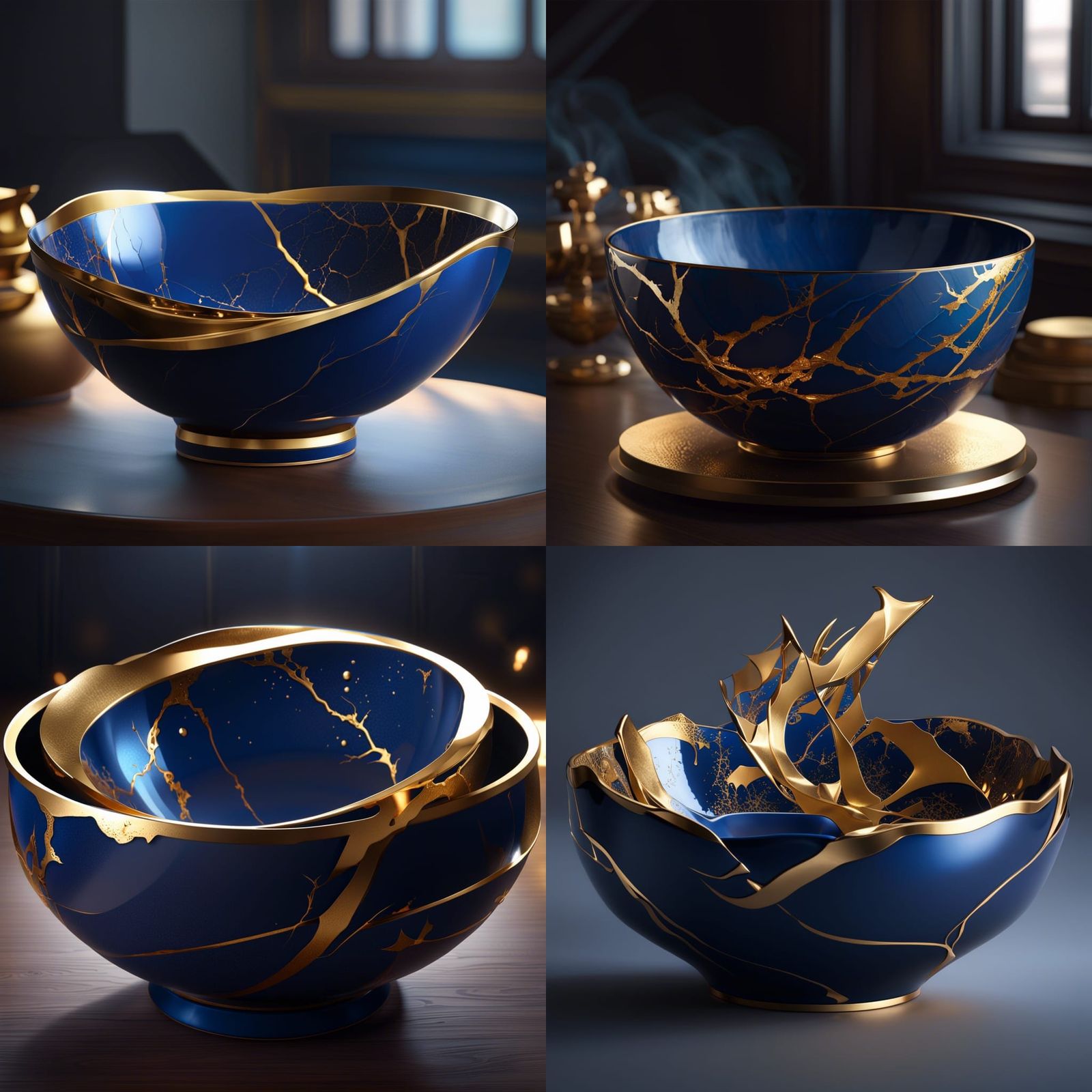 Kintsugi Bowl: Deep Blue, Dynamic Lighting, Detailed Art