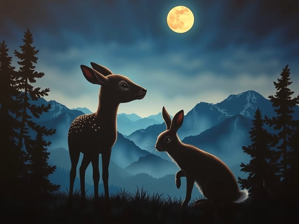Fawn and Bunny Nose Touch at Moonrise