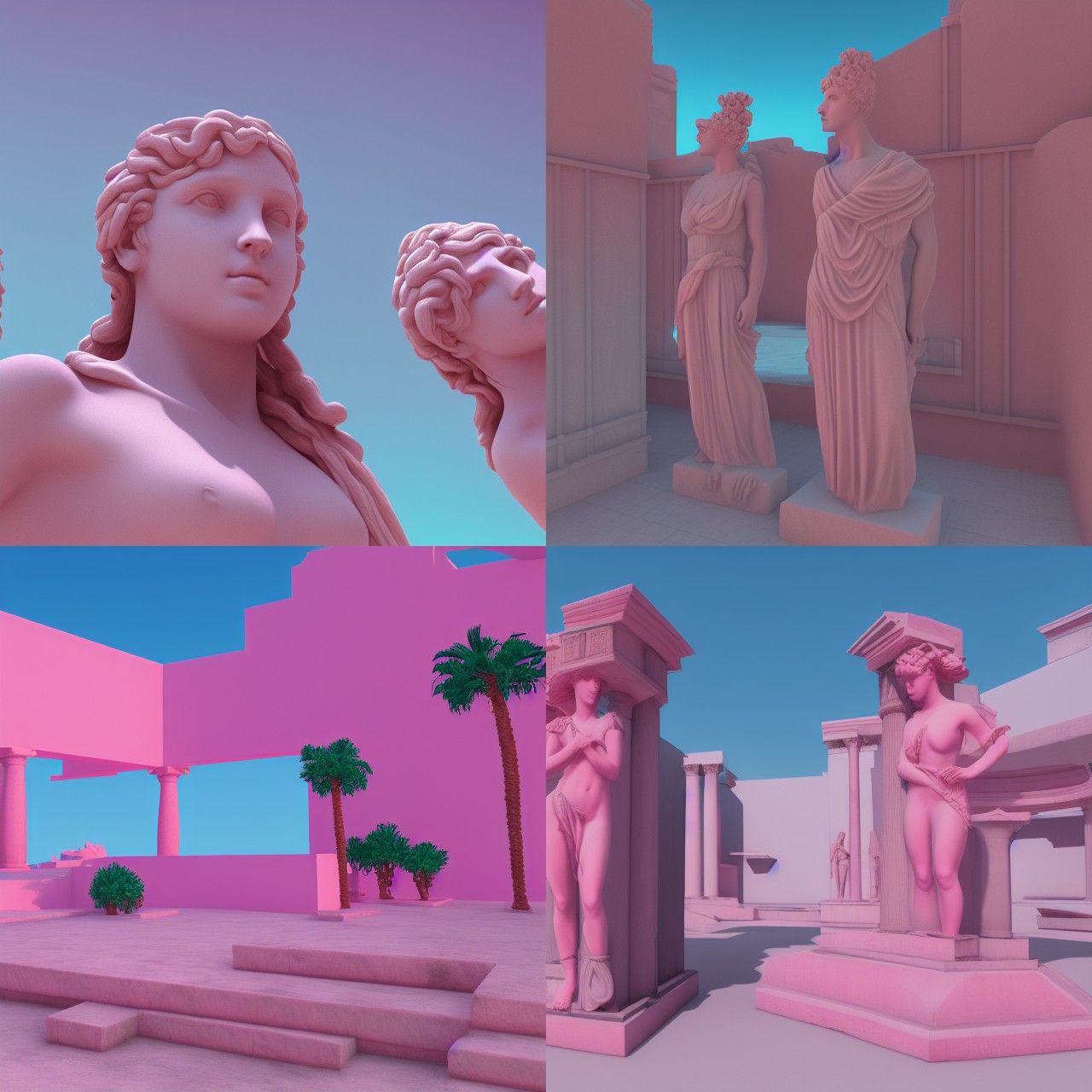 Vaporwave Oasis with Pink Greek Statues