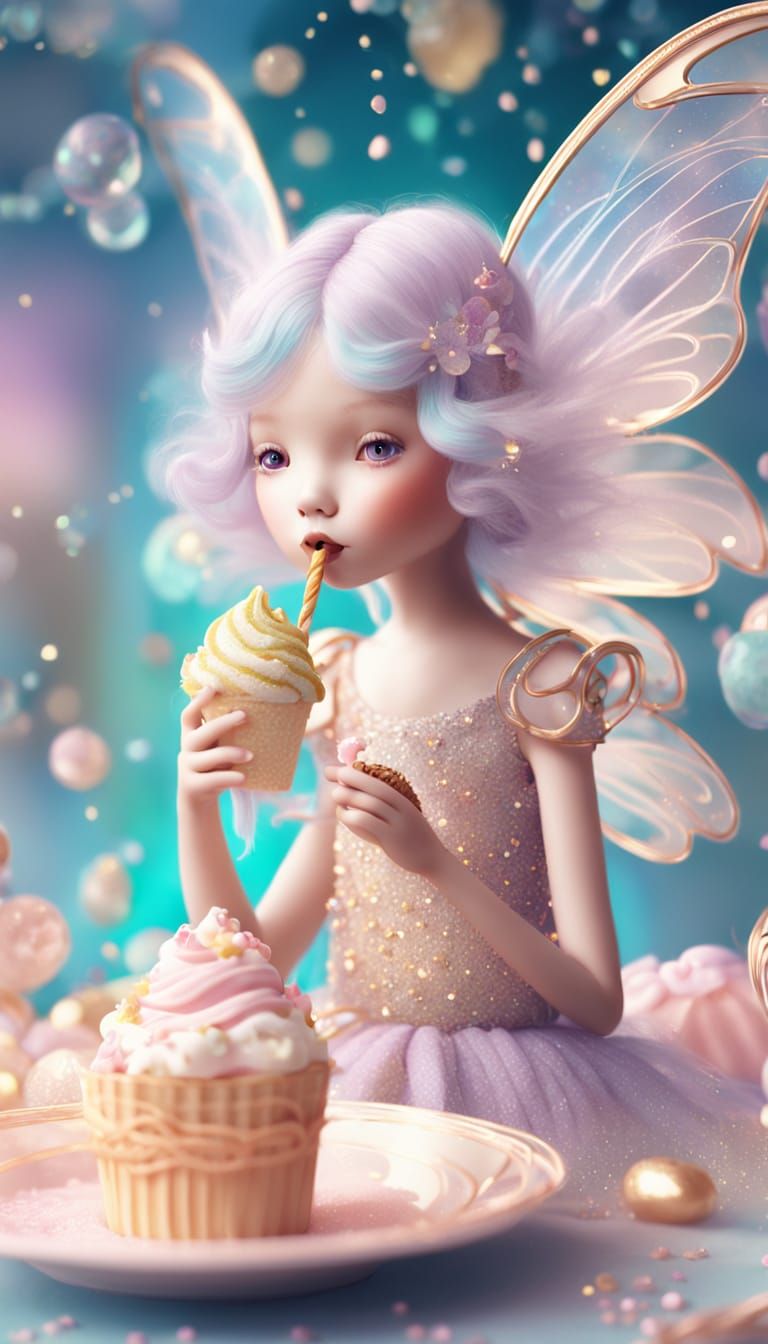 Whimsical Fairy Indulges in Ice Cream: Digital Art