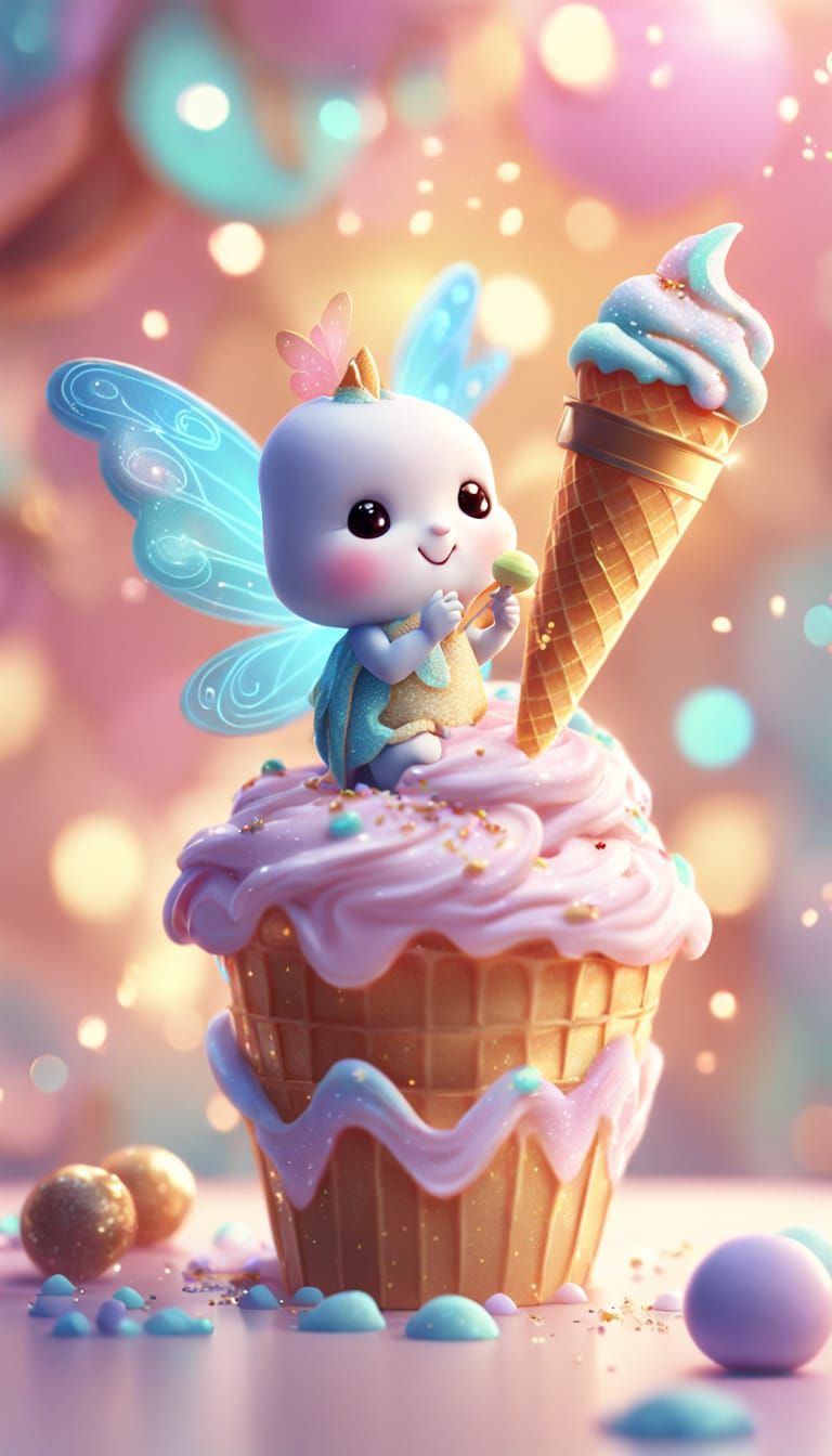 Whimsical Fairy Enjoys Ice Cream in Pastel Colors