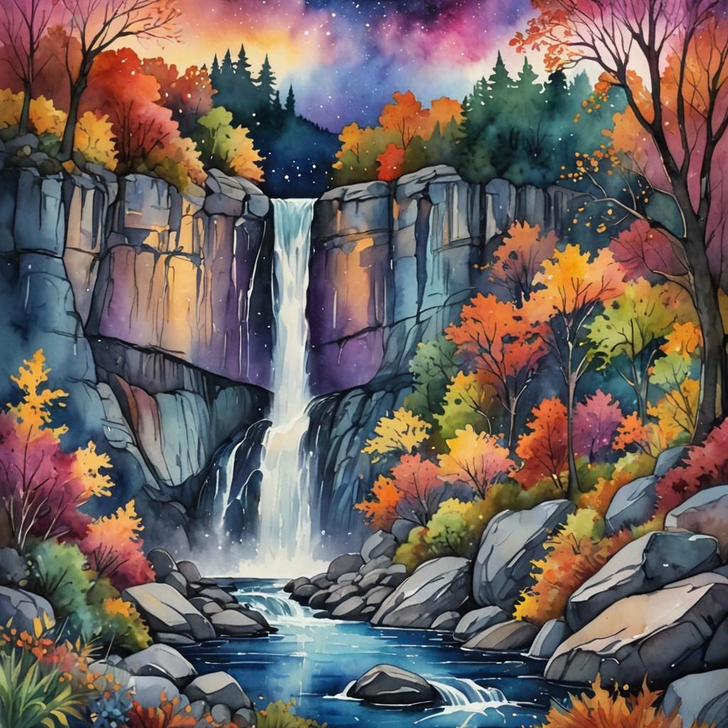 Watercolor Waterfall with Autumn Colors and Starry Sky