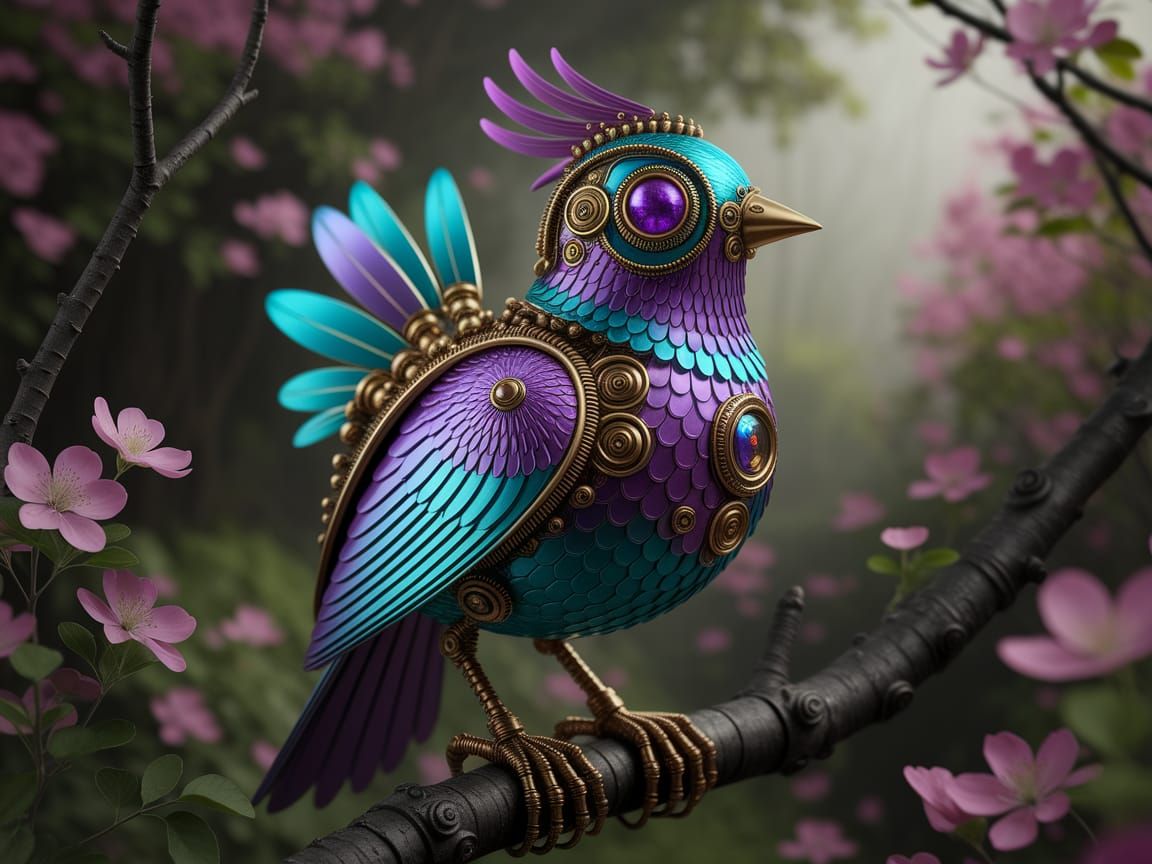 Steampunk Bird in Lush Forest