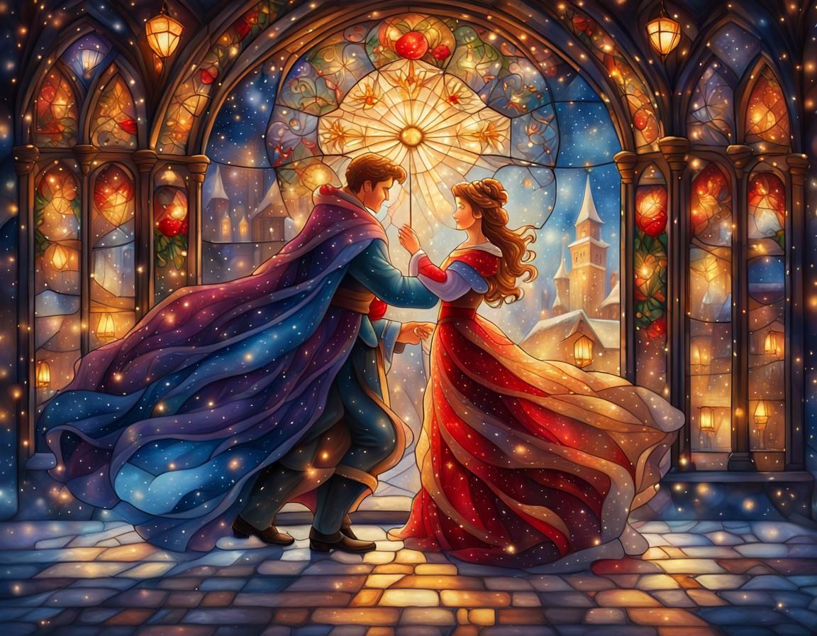 Festive Stained Glass: Prince and Princess Embrace