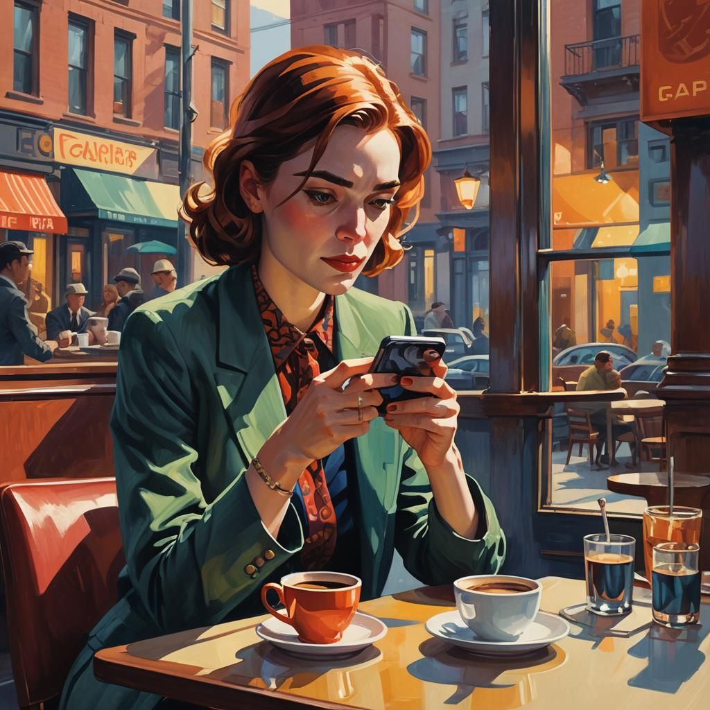 Woman at Cafe: Detailed Matte Painting