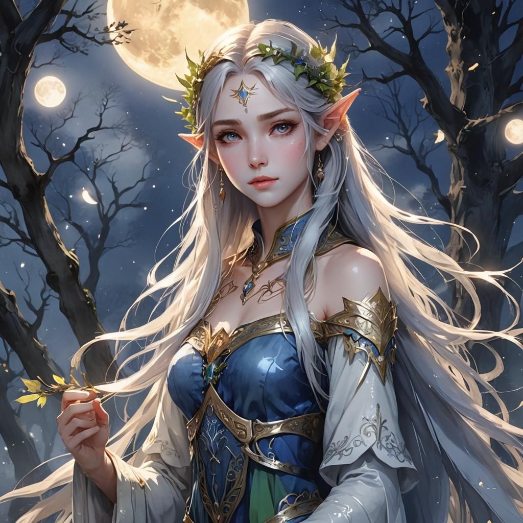 Elven Goddess of Moonlight in Watercolor Anime Style