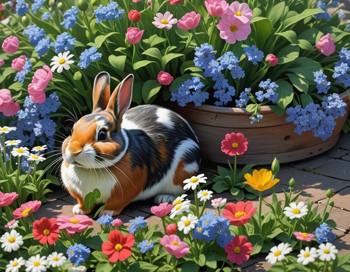 Hyperrealistic Rabbit with Flowers in Basket