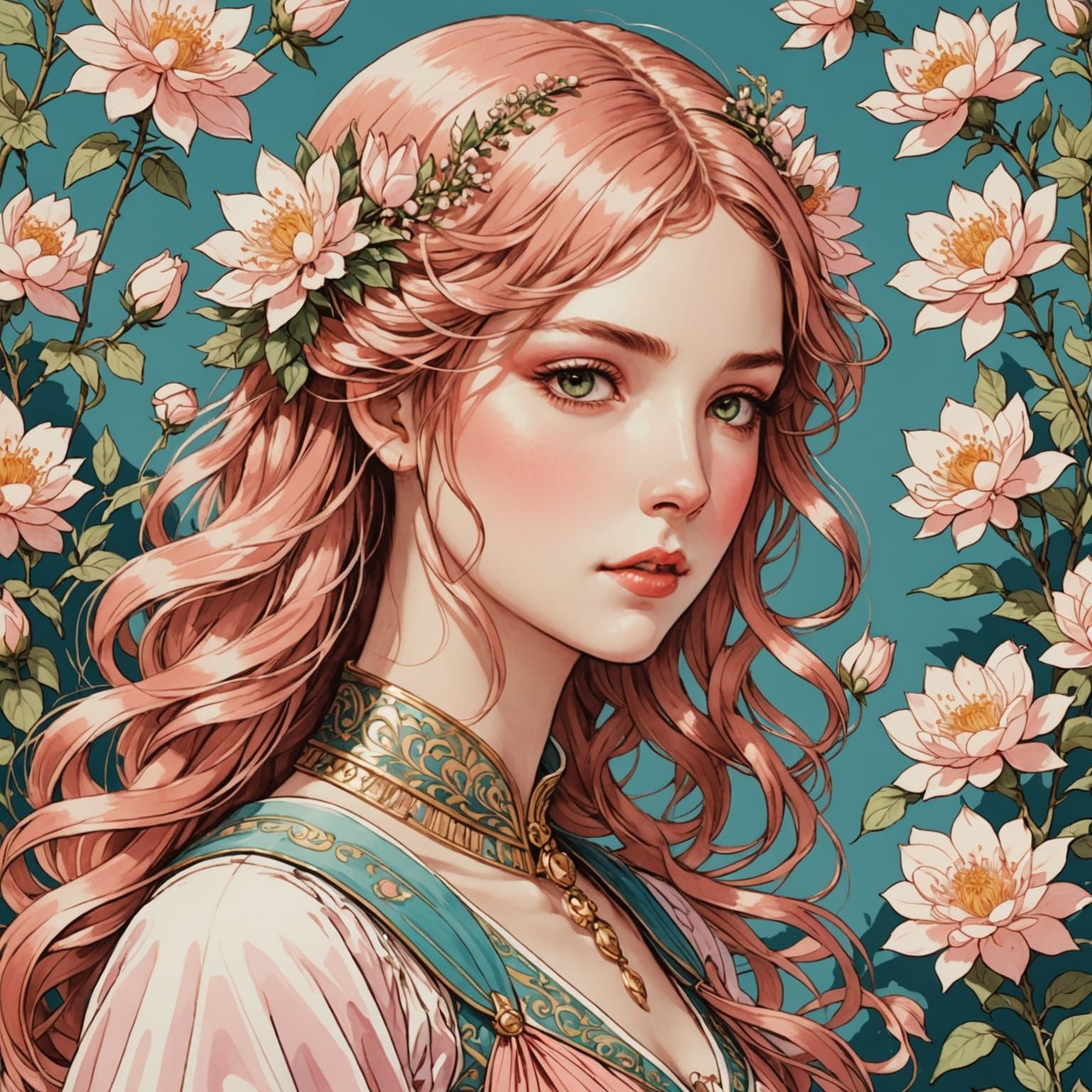 Anime Girl in a Walter Crane Floral Scene