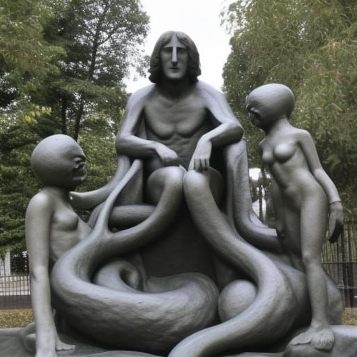 Lennon Sculpture Worshipped by Octopuses in Classical Style