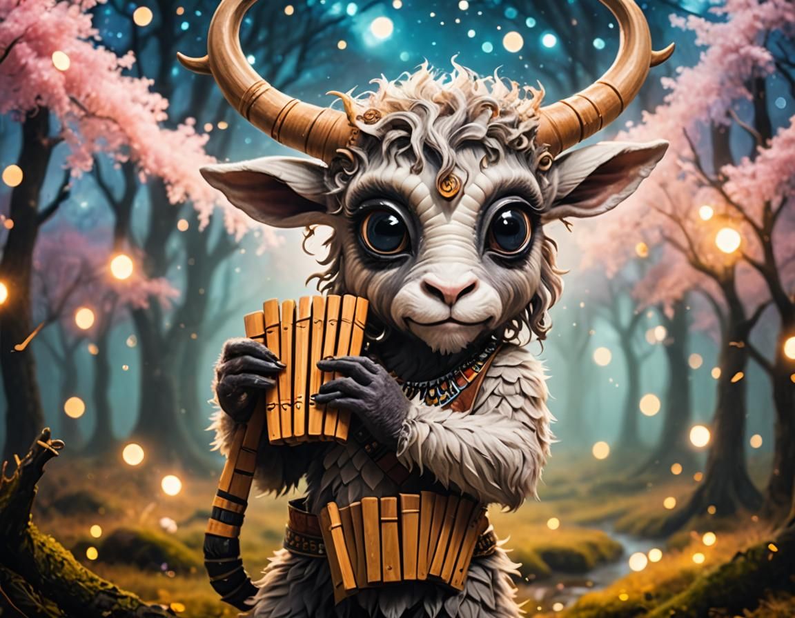 Baby Satyr Plays Flute in Twilight Forest