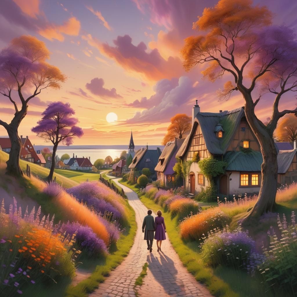 Whimsical Couple Strolls a Nordic Village at Sunset