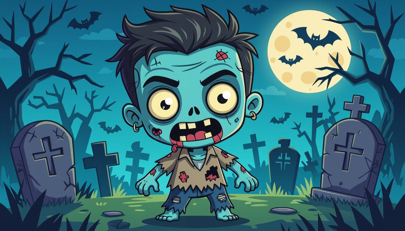 Cute Chibi Zombie in Spooky Graveyard: Digital Illustration