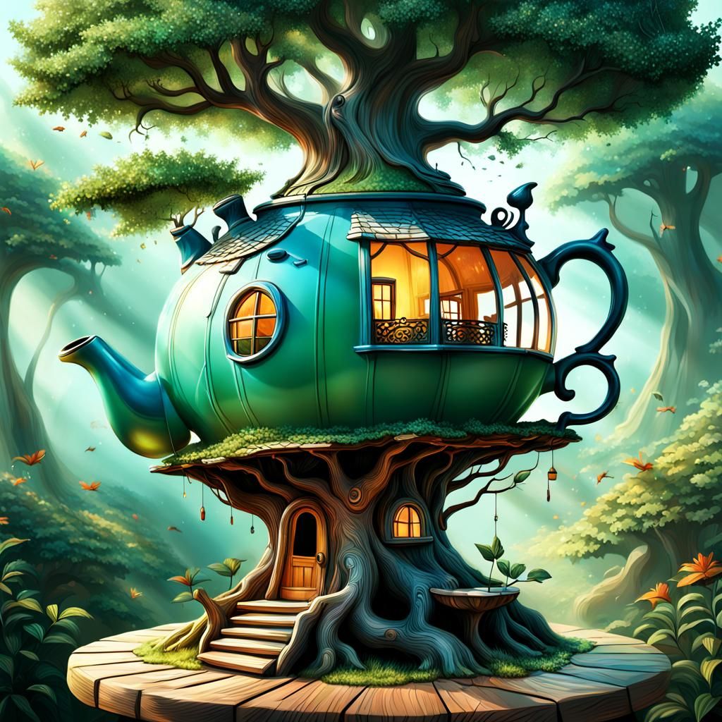 Hyperrealistic Teapot Treehouse in Splash Art Style