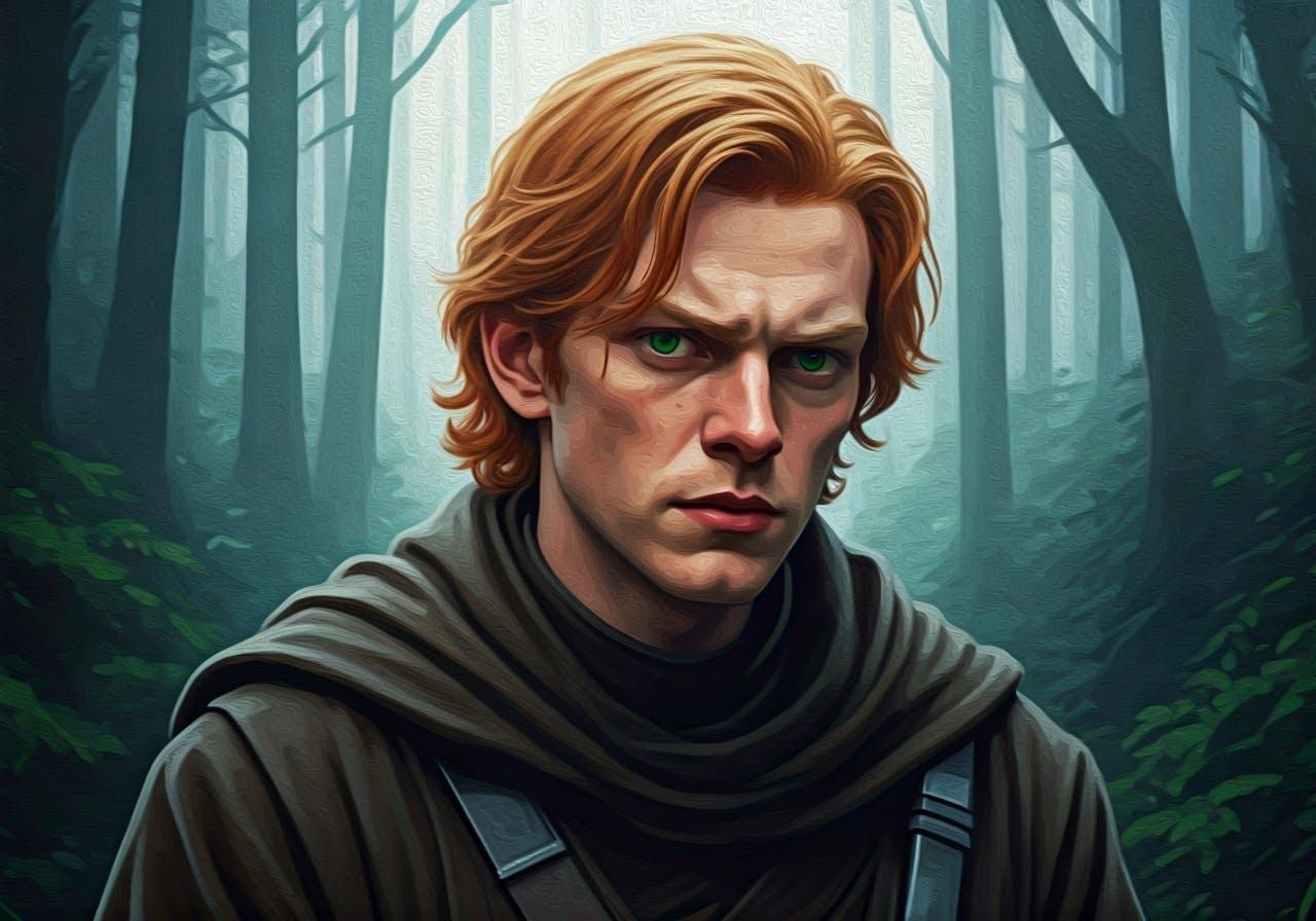 Redhead in Misty Forest, Neo-Impressionist Style