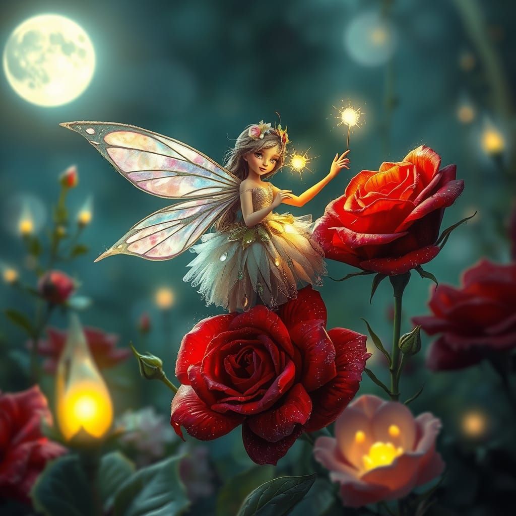 Ethereal Fairy Magician on Rose in Moonlit Garden