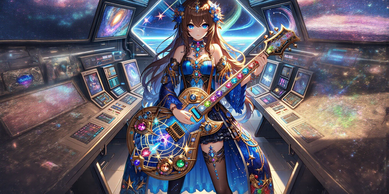 Anime Woman with Celestial Armor on Starship Bridge