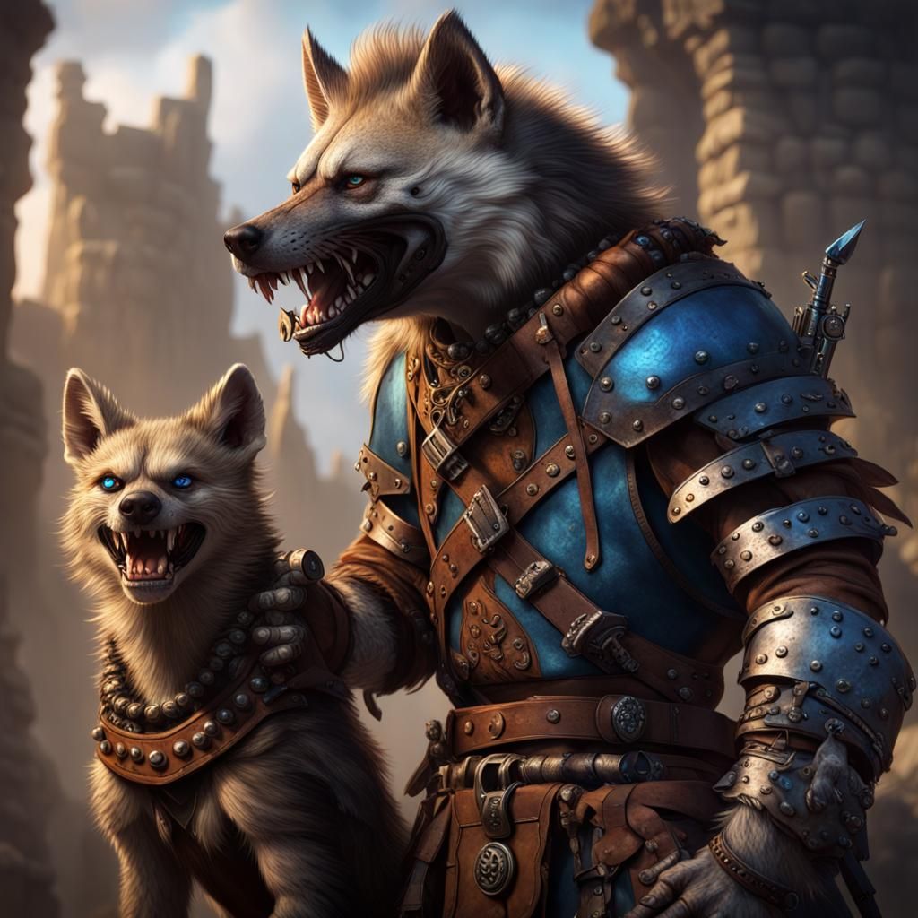 Blue-Eyed Gnoll Wanderer in Dark Fantasy Style