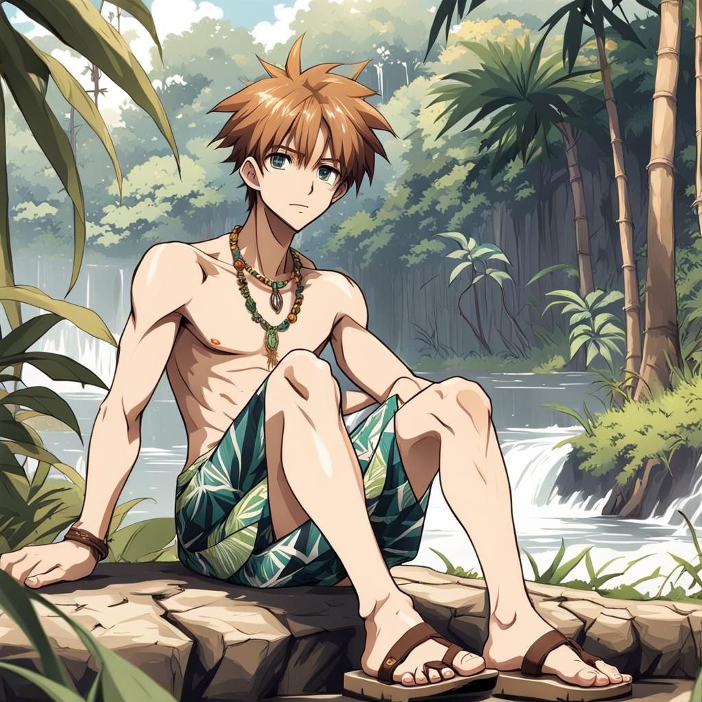 Anime Boy Relaxing by Jungle River