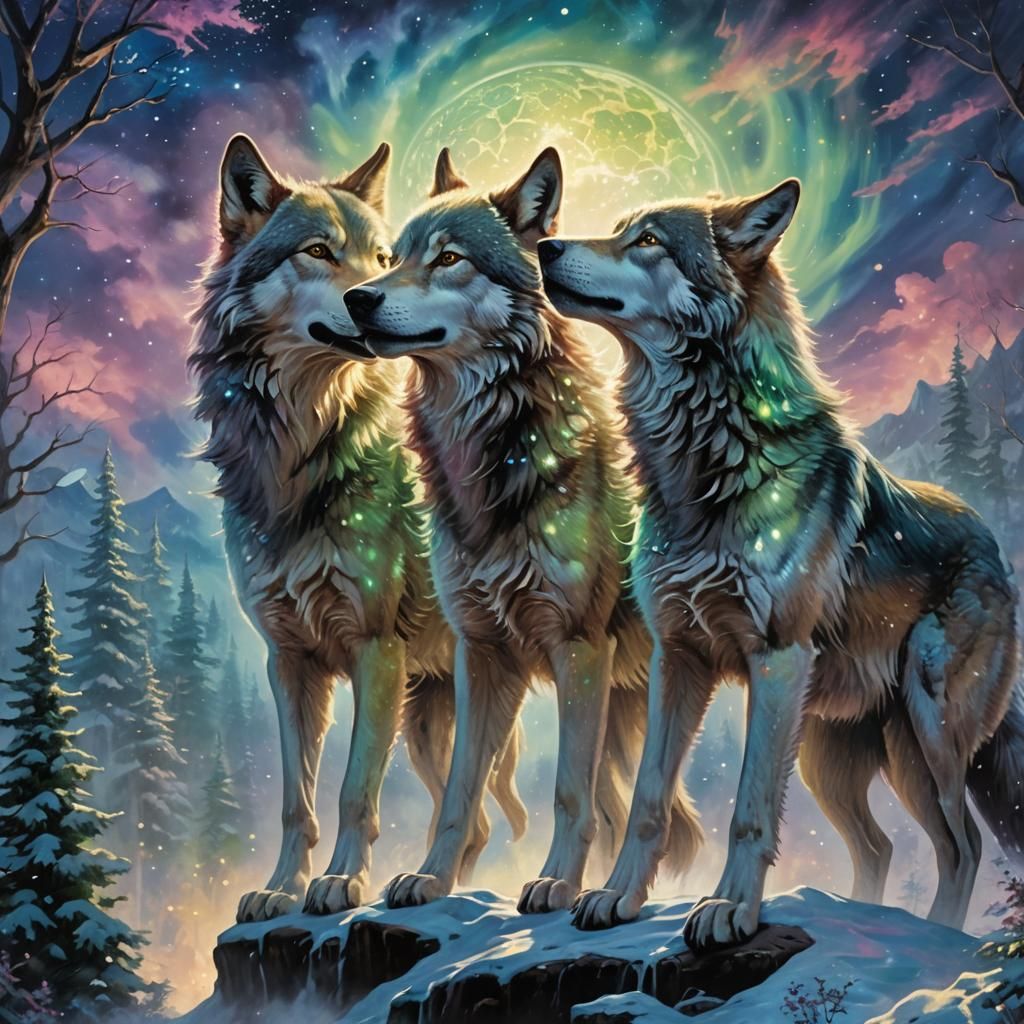 Ethereal Wolves Clash Under Aurora Borealis