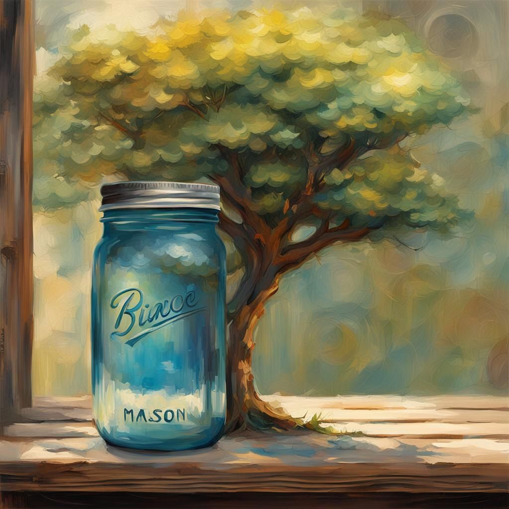Mason Jar on Tree in Post-Impressionist Style