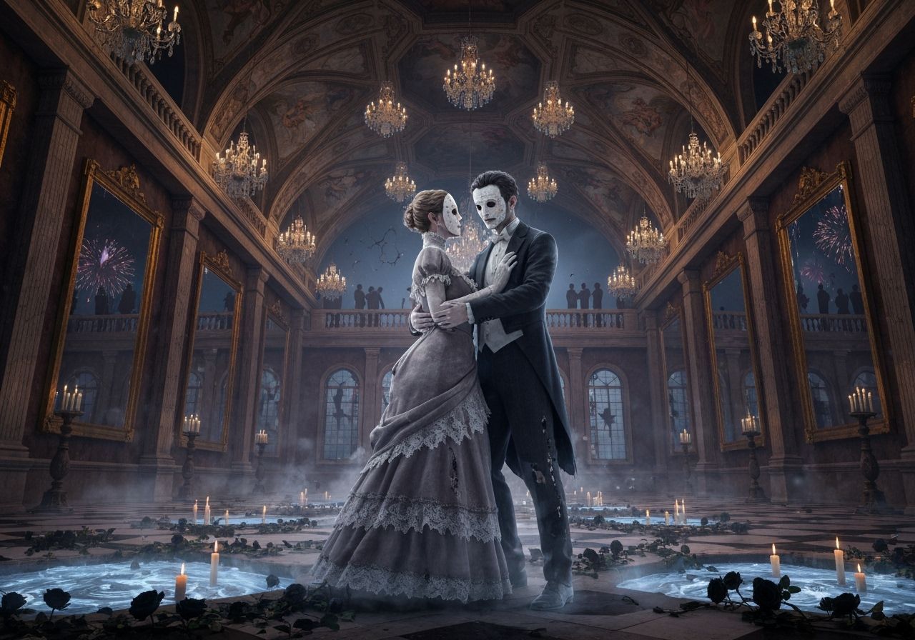 Ghostly Dancers in Decaying Neoclassical Ballroom