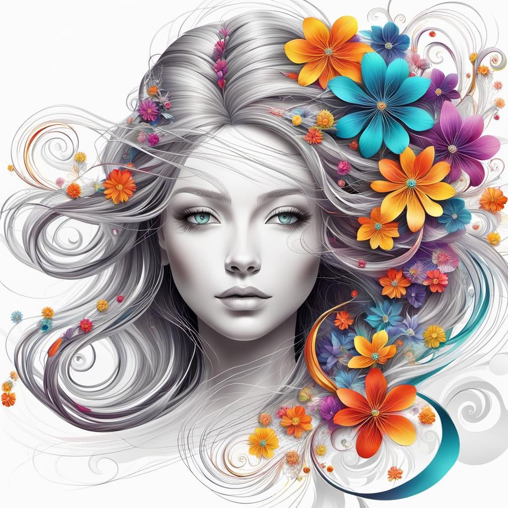 a young girl made of intricate wire craft with flowing wind ...