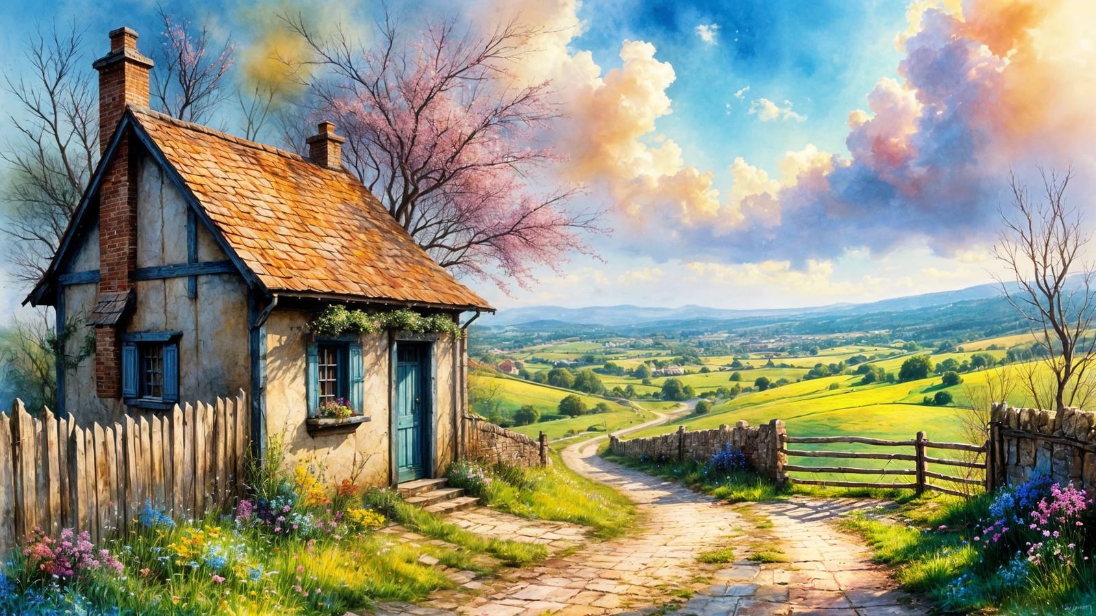 Charming Village Entrance in Watercolor Landscape