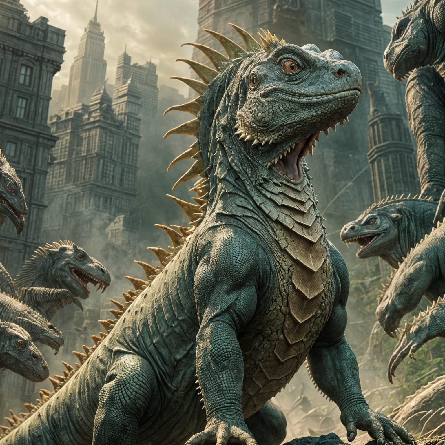 A towering, fierce Kaiju Iguana, exuding power and menace in...
