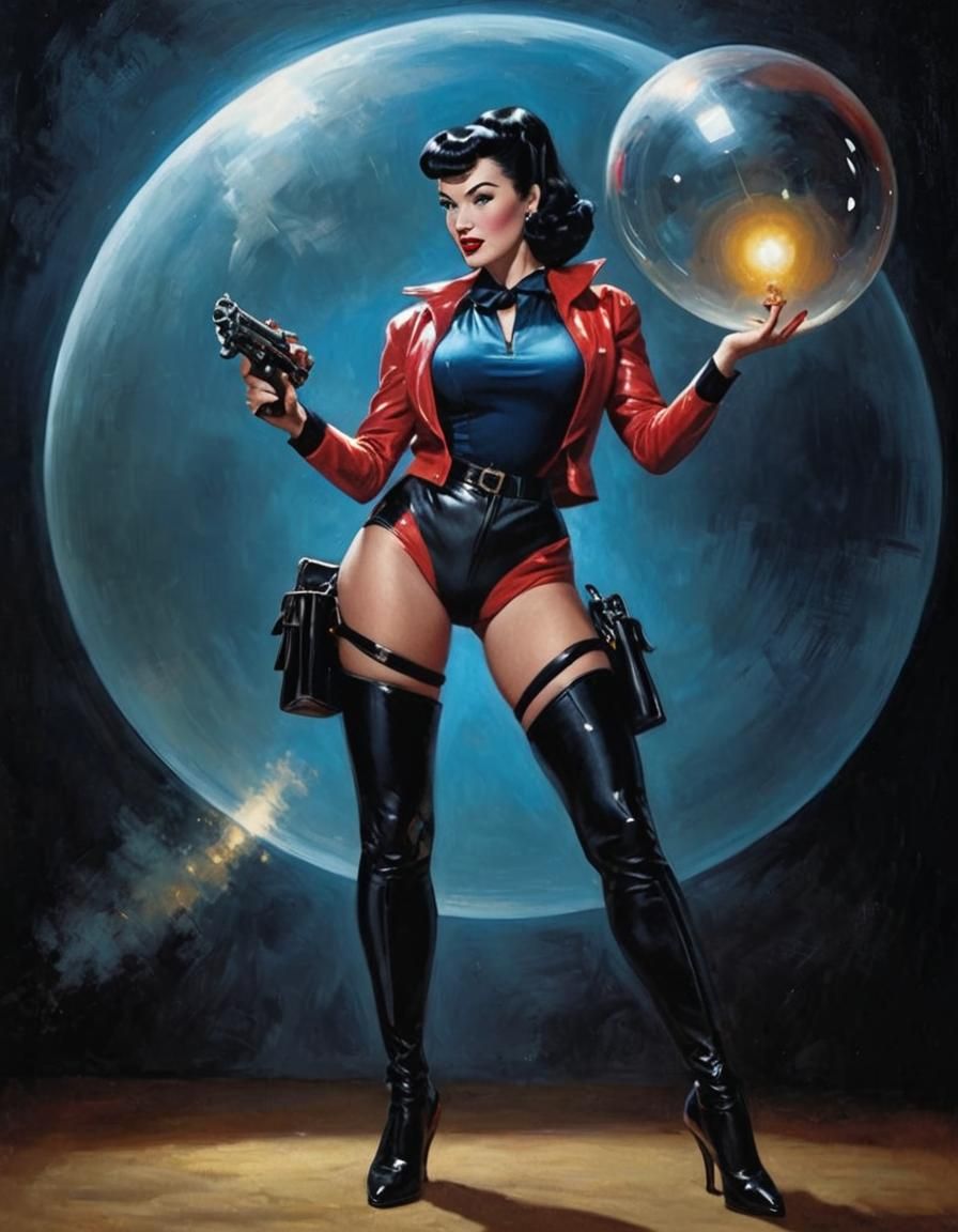 Retro Pin-Up in Space: Classical Oil Painting
