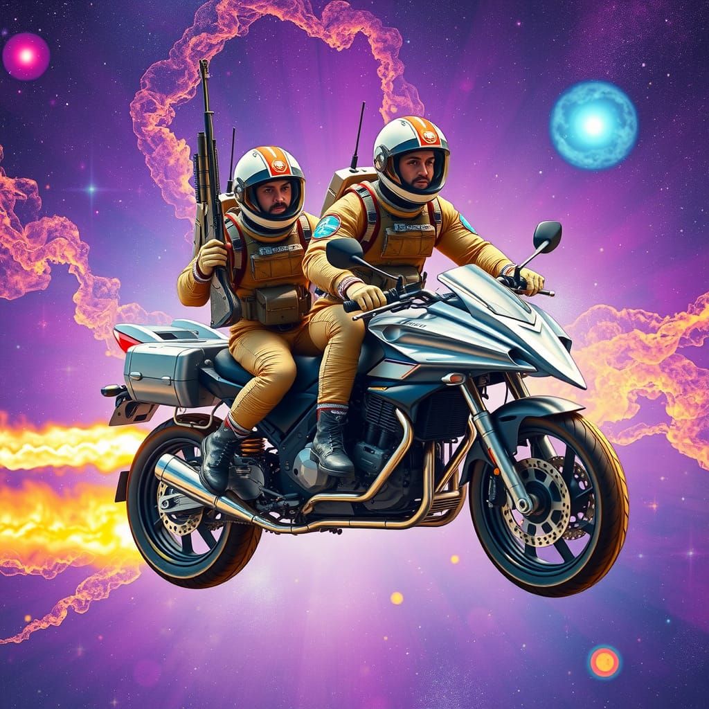 Astronauts on Spaceship Motorcycle in Visionary Art Style