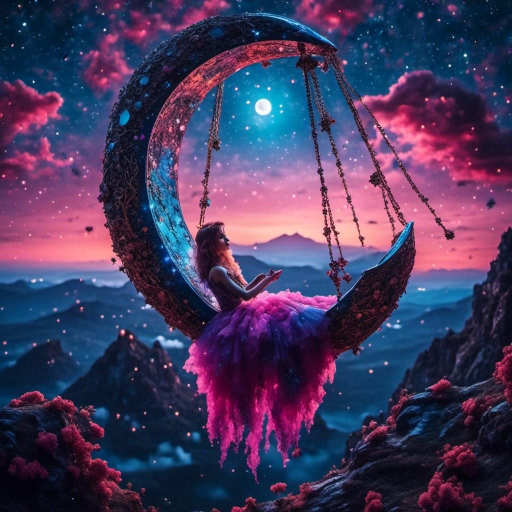 Girl on Diamond Moon in Digital Painting Style