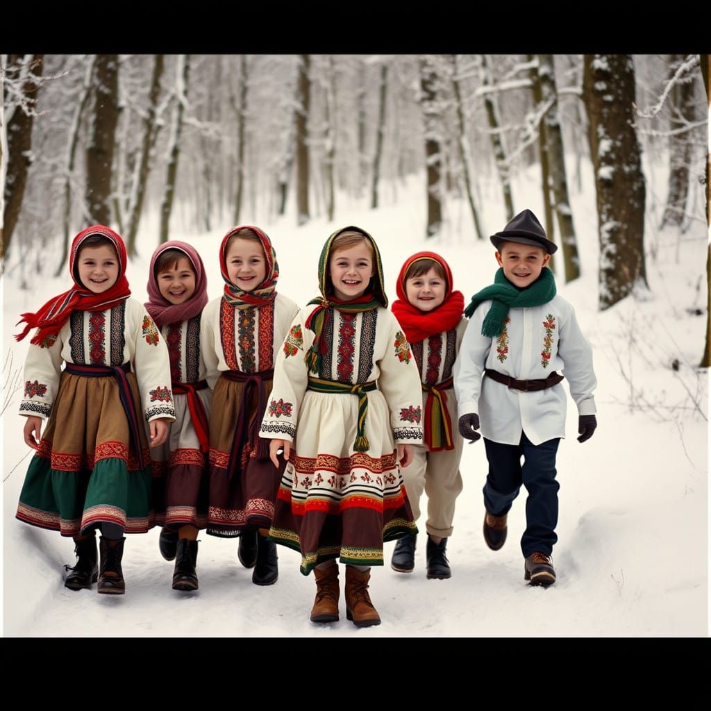 Vibrant Maramureș Children Walk through a Snowy Forest Scene