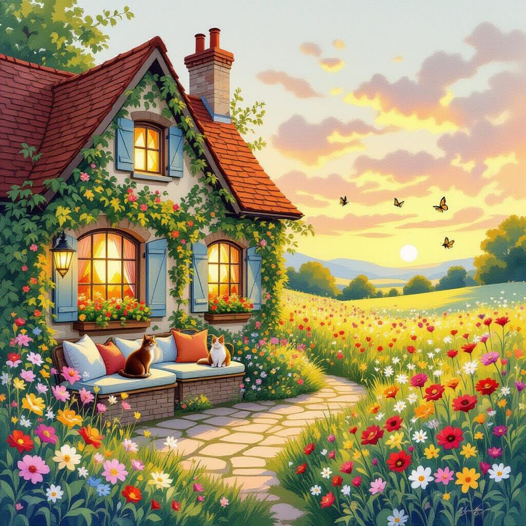 Charming Teahouse in Wildflower Field, Art Nouveau Style