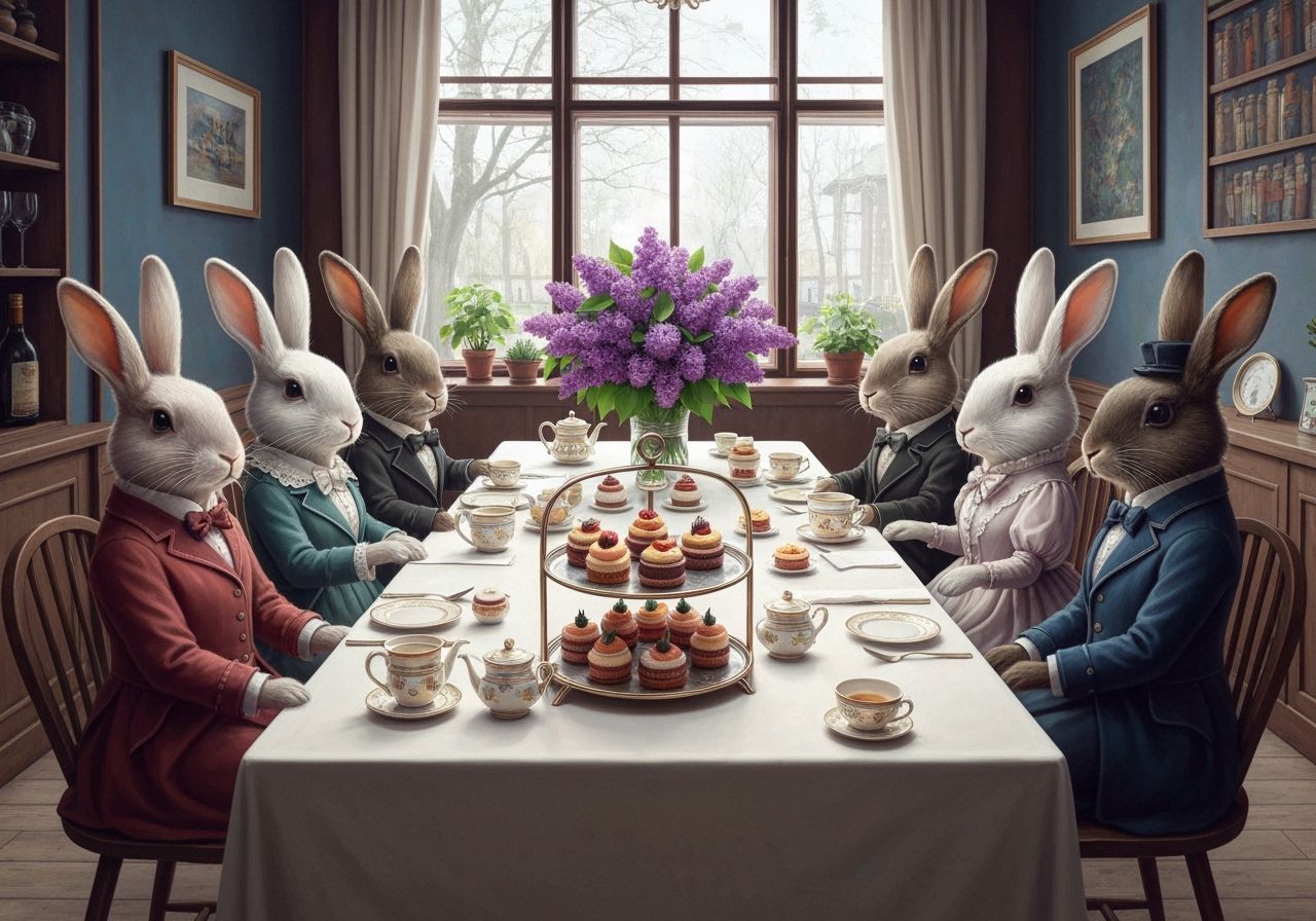 Rabbits Enjoy Victorian High Tea in Trendy Cafe