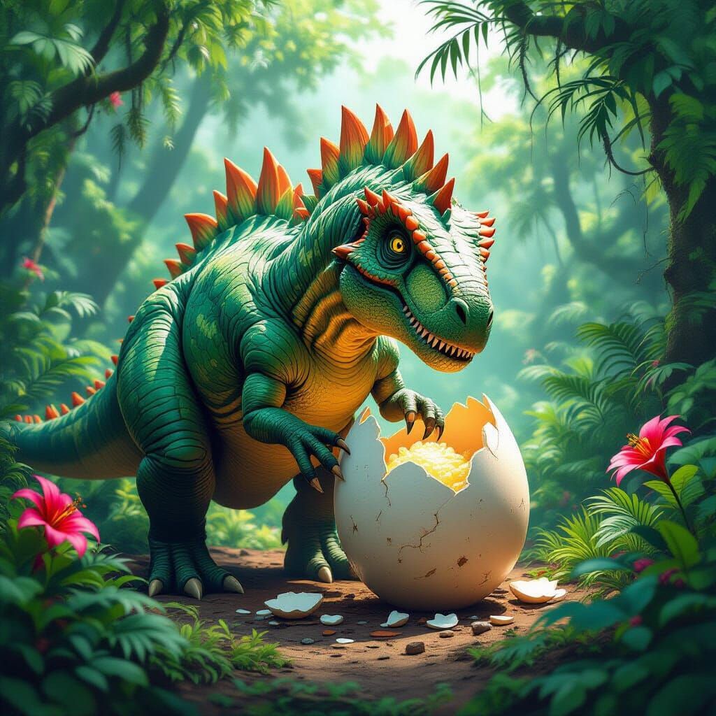 Giant Dinosaur Hatches Egg in Lush Jungle