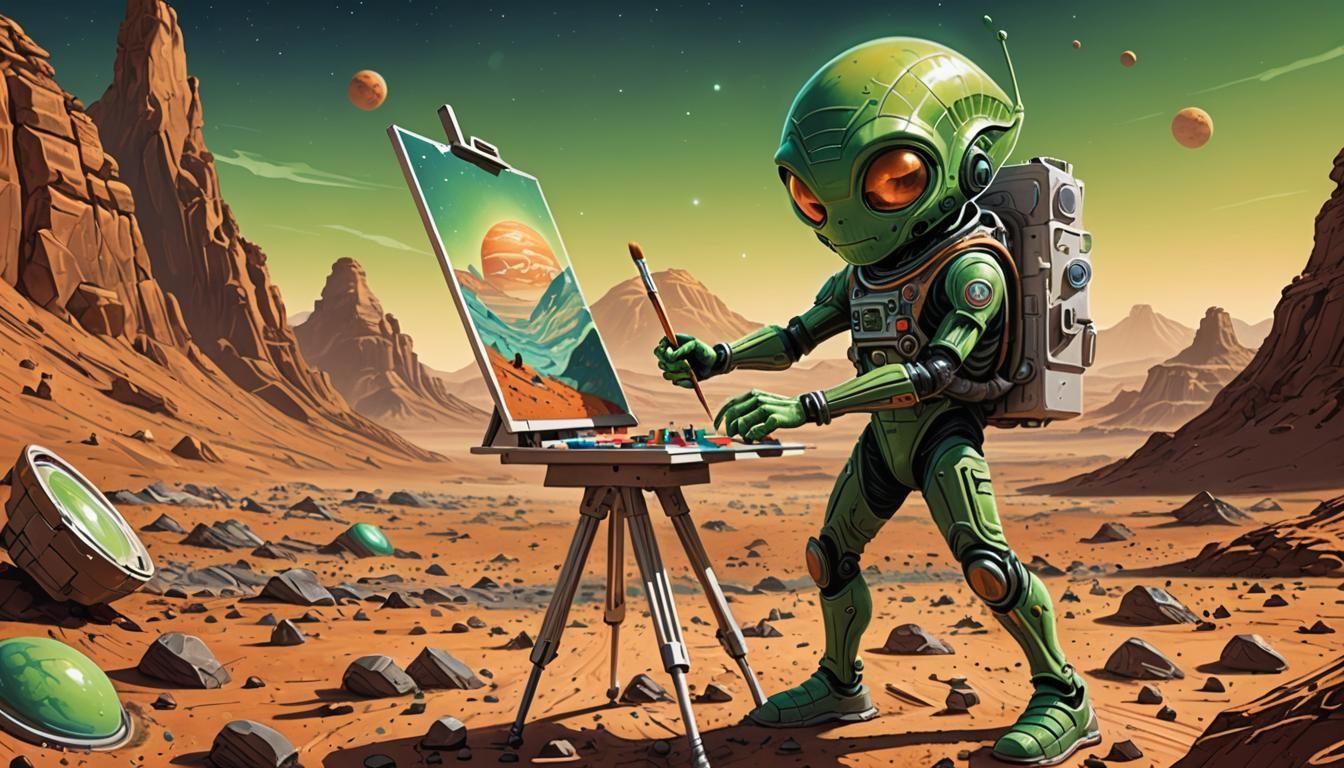 Cartoon Alien Artist Painting on Mars