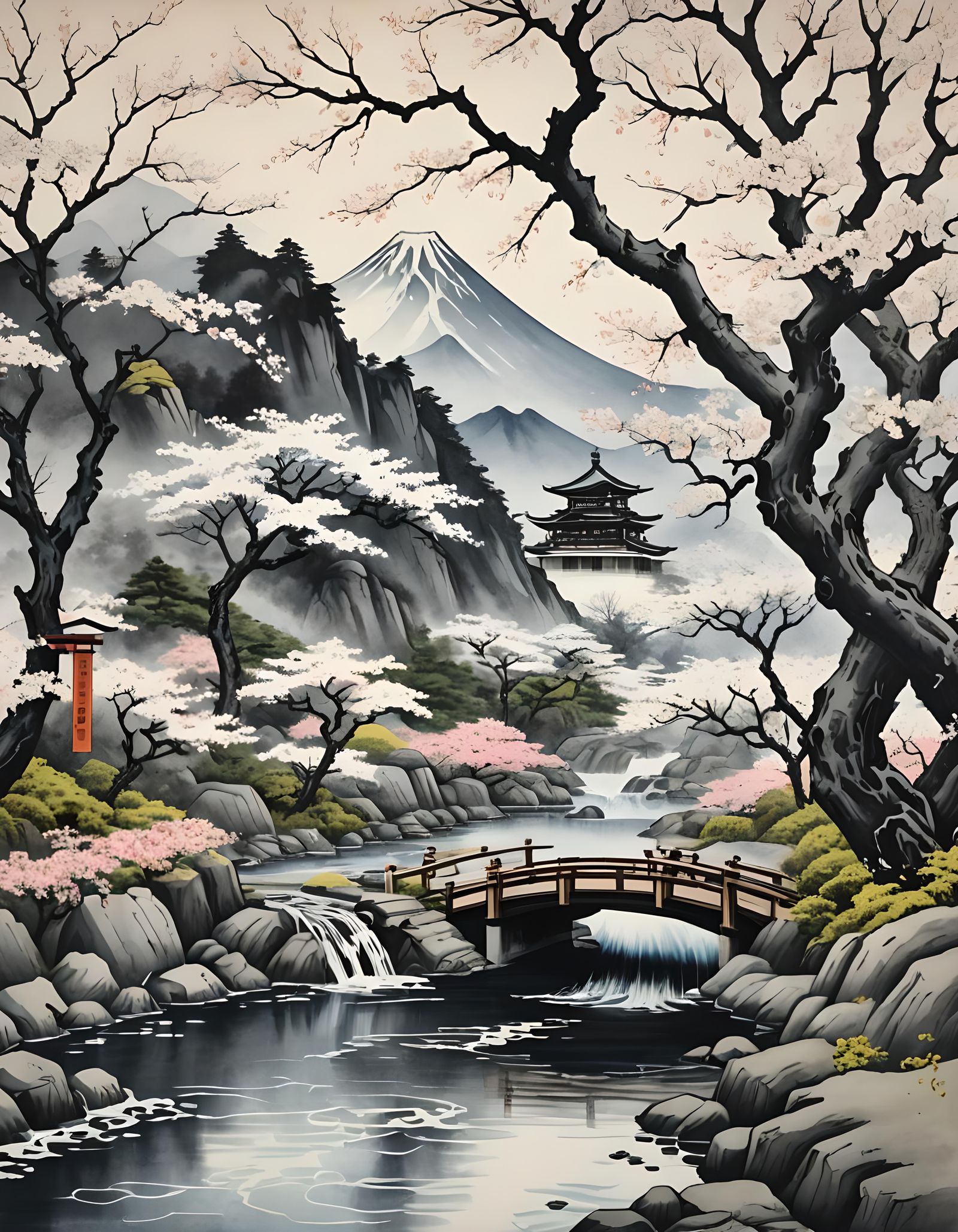 Japanese Tea House with Cherry Blossoms in Ukiyo-e Style