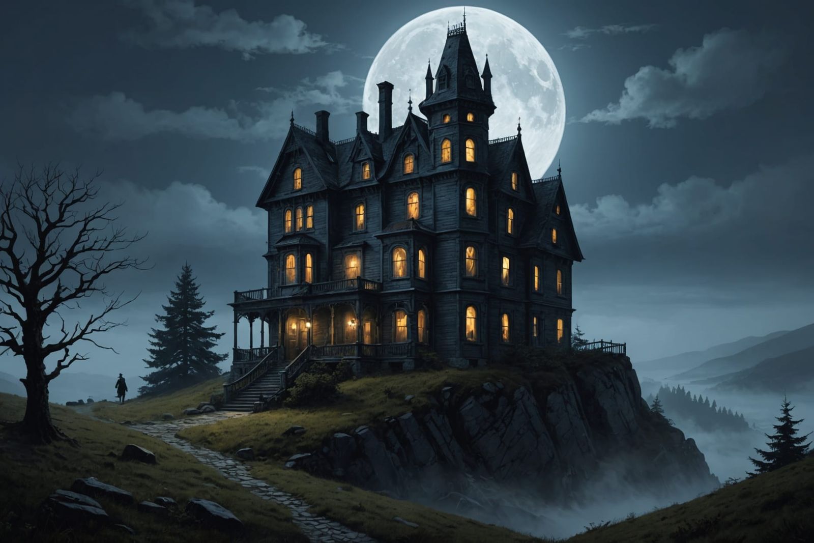 Eerie Haunted House Under Full Moon