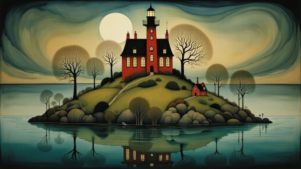 Lighthouse on Island with Cottages in Whimsical Style