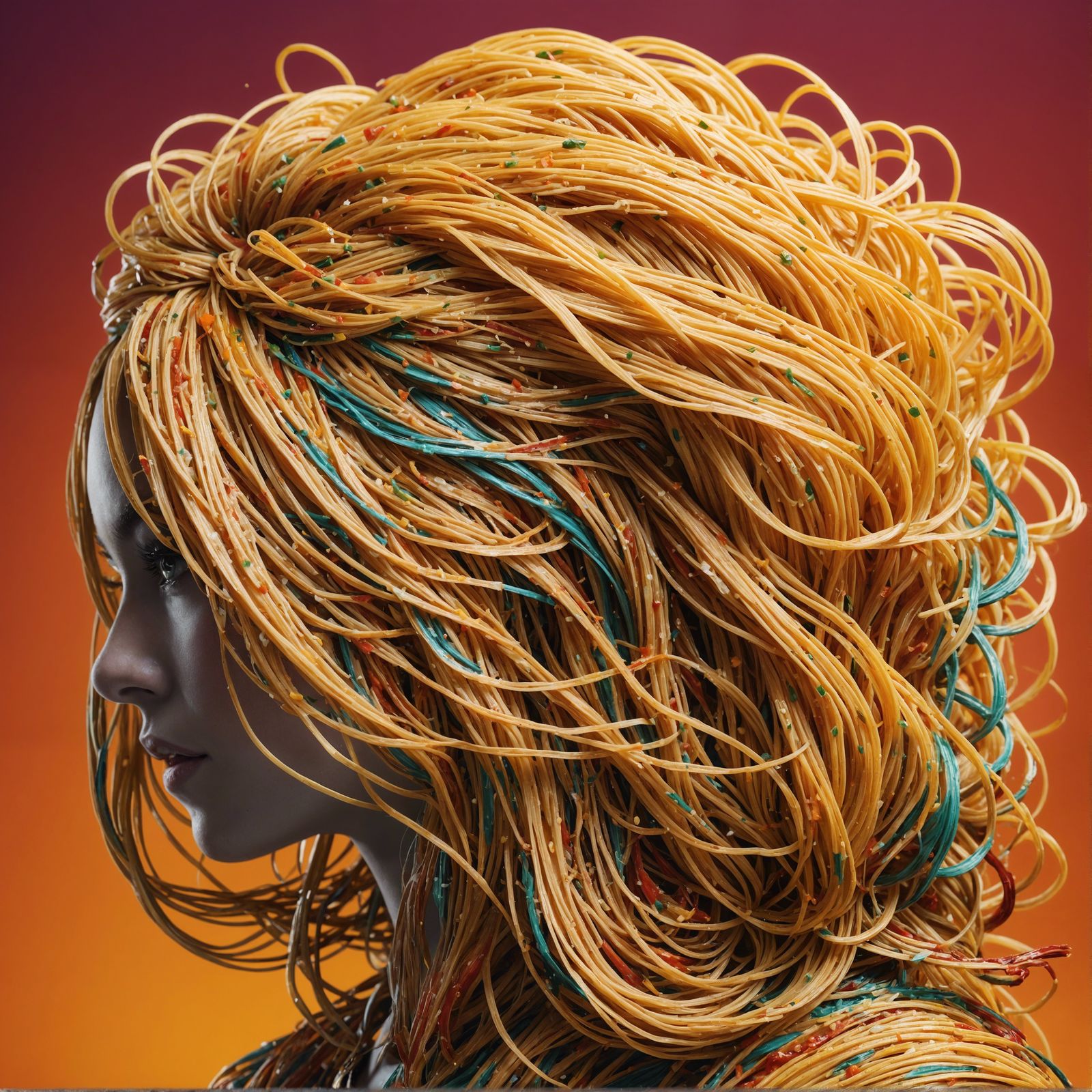 Hyperrealistic Spaghetti Noodle Hair Portrait