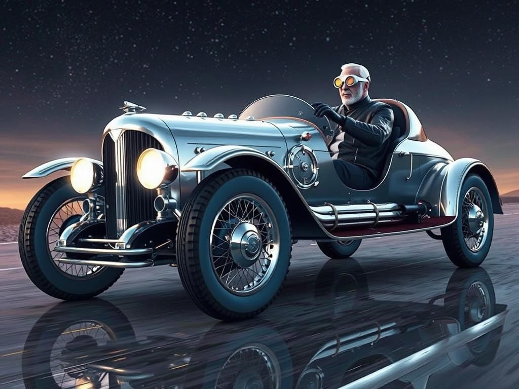 Steampunk Man Rides Retro-Futuristic Rocket Car