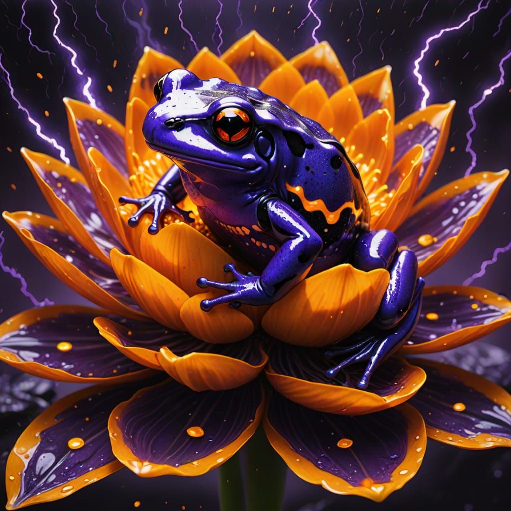 Vibrant Tropical Lotus Scene with Mysterious Purple Frog