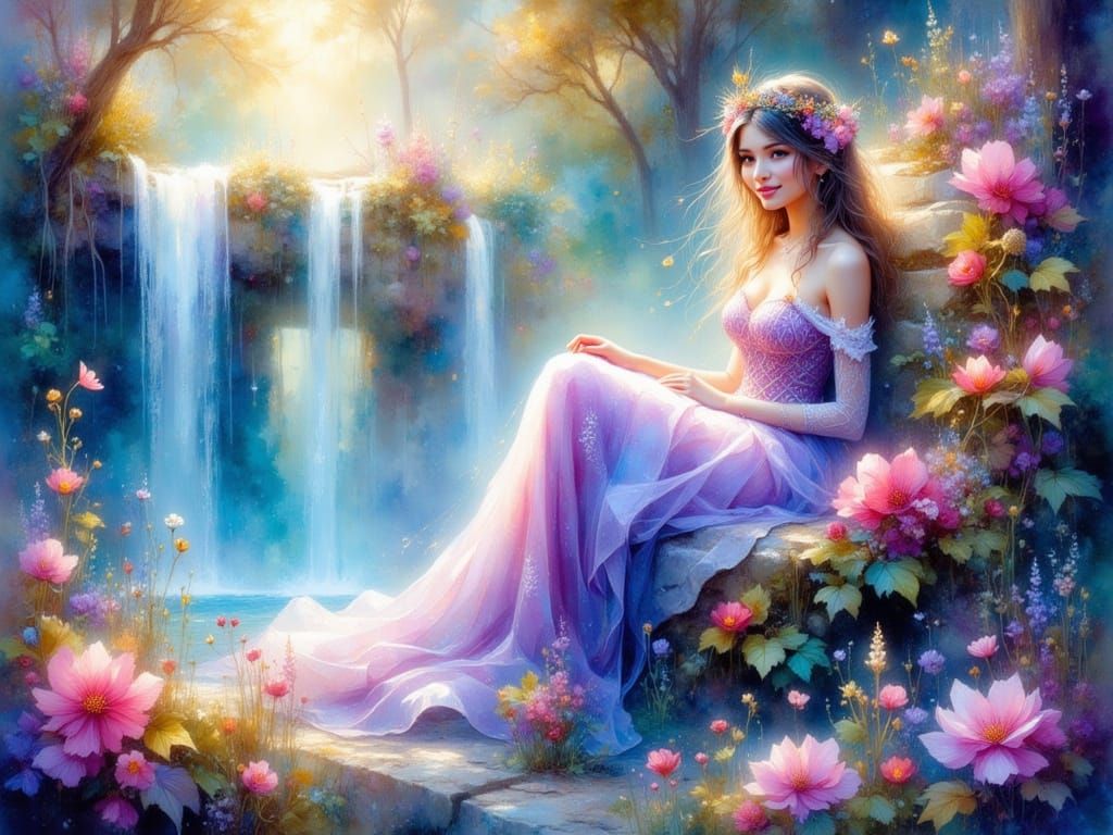 Whimsical Princess in Bioluminescent Floral Throne