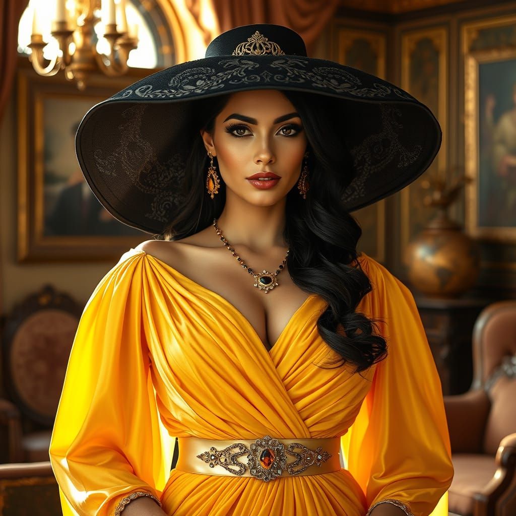 Regal Woman in Golden Gown with Sophisticated Flair