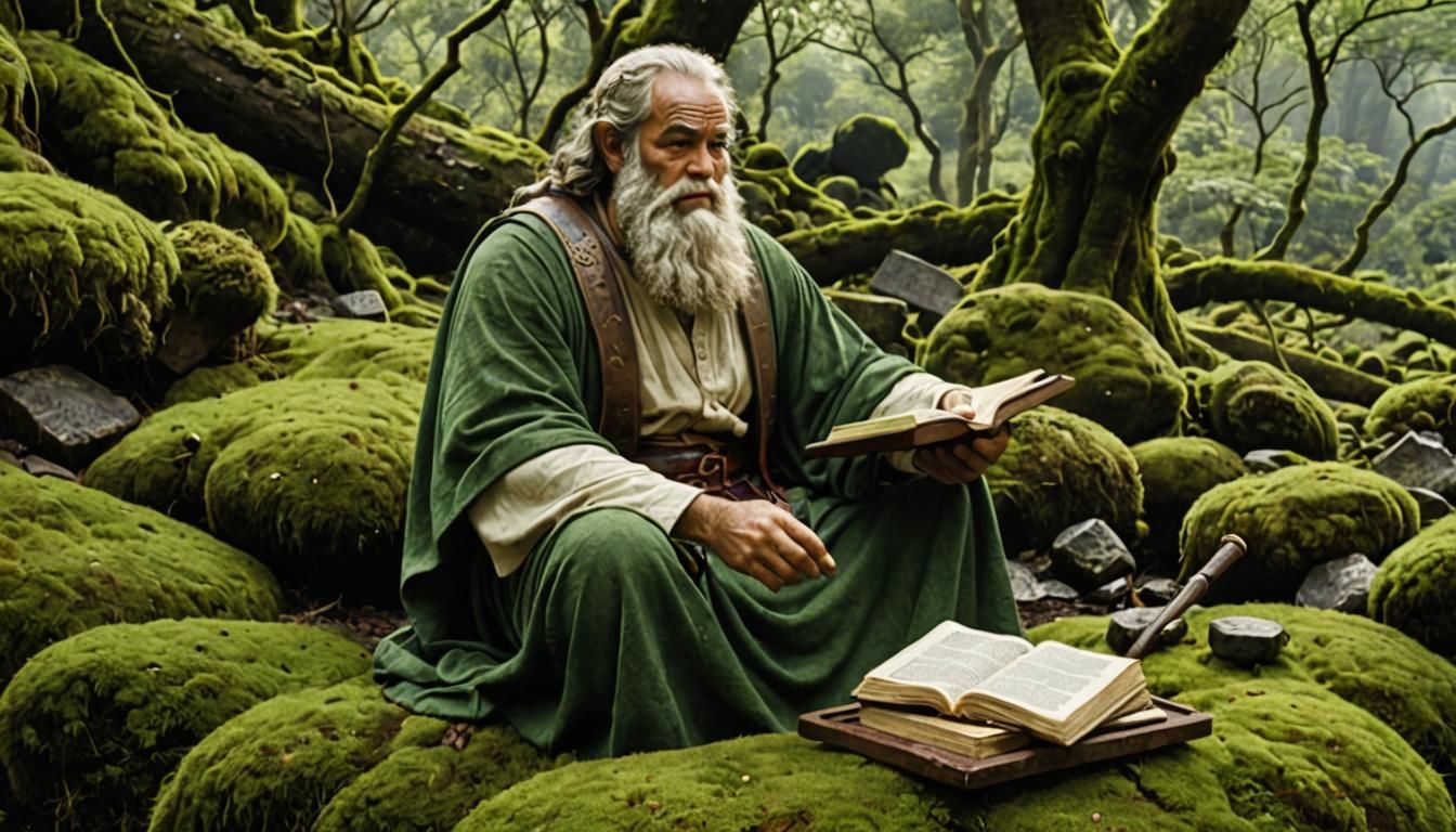Moses and Tablets Resting on Moss Bed