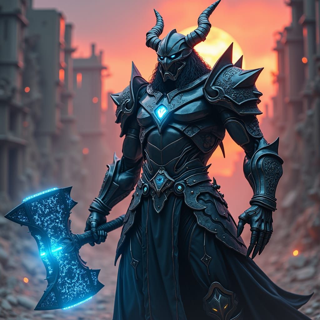 Cyber-Demonic Ronin Warrior in Dystopian Landscape